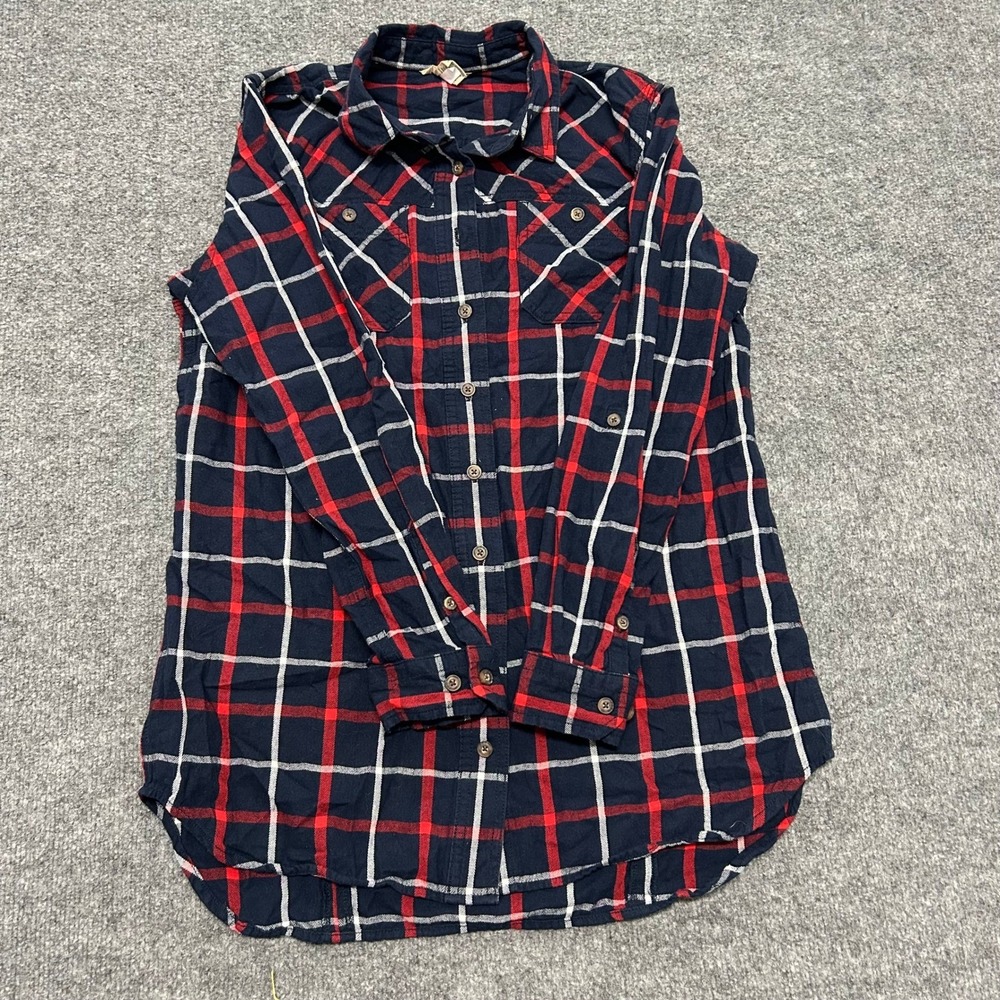 Forever 21 Button Down Shirt Womens Size M Navy Red Plaid Long Sleeve Cotton